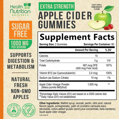 Apfelessig Gummies ohne Zucker - Max Stärke ACV Gummivitamine - Vitamin B12 & Die Mutter - Stoffwechsel & Energie Unterstützung - Vegane Apfelessig Gummis - Non-GMO - 120 Gummis