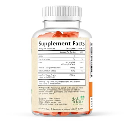 Apfelessig Gummies ohne Zucker - Max Stärke ACV Gummivitamine - Vitamin B12 & Die Mutter - Stoffwechsel & Energie Unterstützung - Vegane Apfelessig Gummis - Non-GMO - 120 Gummis