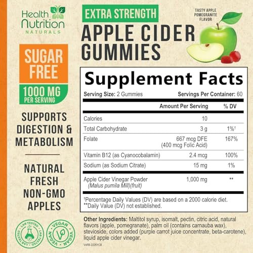 Apfelessig Gummies ohne Zucker - Max Stärke ACV Gummivitamine - Vitamin B12 & Die Mutter - Stoffwechsel & Energie Unterstützung - Vegane Apfelessig Gummis - Non-GMO - 120 Gummis