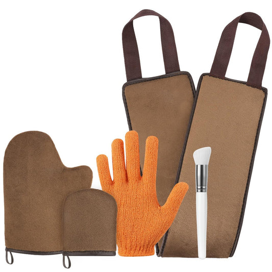 Luxspire 5-teiliges Selbstbräuner-Applikator-Set: Handschuh, Peeling-Handschuh, Rückenapplikator, Gesichtsbürste und Mini-Finger-Handschuh für Lotionen, Mousses und Cremes