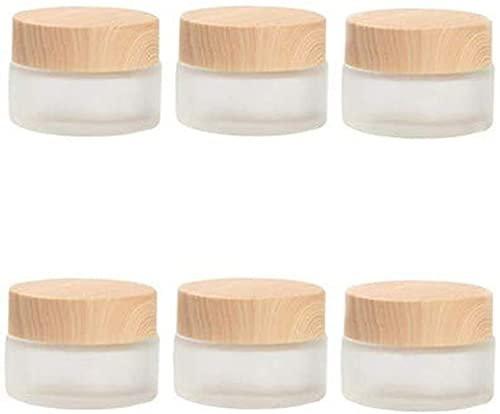 Healthcom 6 Stück 30 g / 30 ml leere runde Glascremedosen mit mattiertem Glas und Holzmaserungsdeckel, nachfüllbare Kosmetikbehälter für Lippenbalsam, Augencreme, Make-up