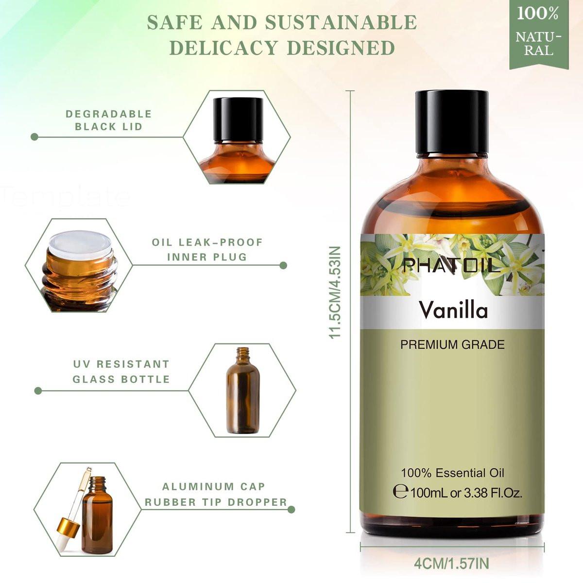 PHATOIL 100 ml Vanille-Essentialöl – Große 3,38 fl.oz Flasche, reines Aromatherapieöl für Diffuser, Luftbefeuchter, Seifen- und Kerzenherstellung