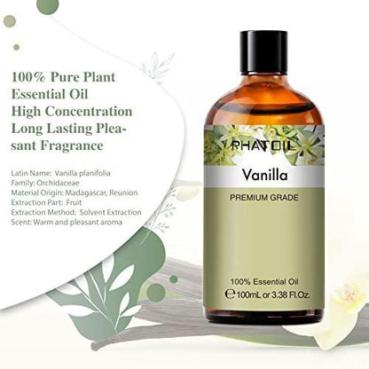 PHATOIL 100 ml Vanille-Essentialöl – Große 3,38 fl.oz Flasche, reines Aromatherapieöl für Diffuser, Luftbefeuchter, Seifen- und Kerzenherstellung