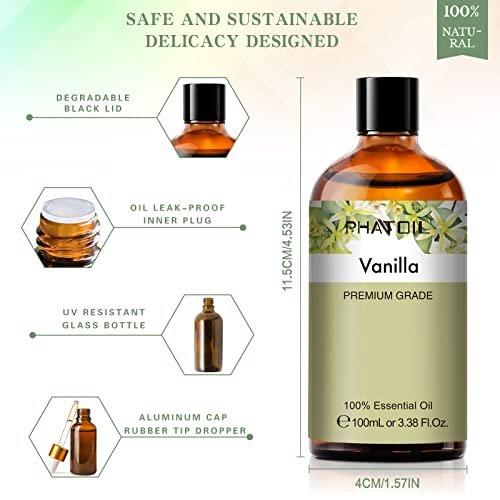 PHATOIL 100 ml Vanille-Essentialöl – Große 3,38 fl.oz Flasche, reines Aromatherapieöl für Diffuser, Luftbefeuchter, Seifen- und Kerzenherstellung