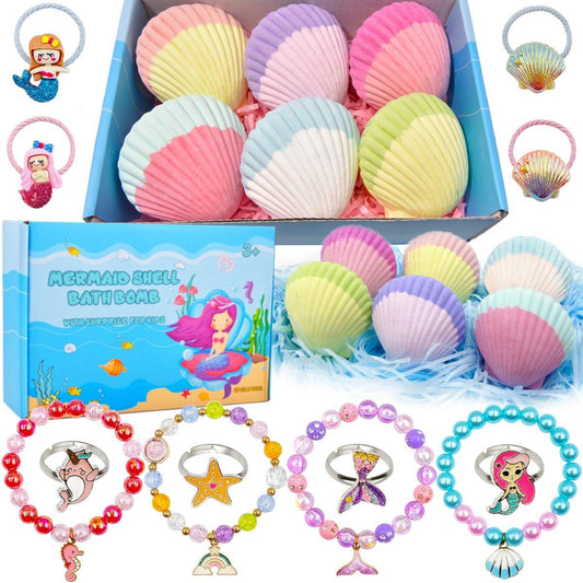 Meerjungfrau Badebomben für Kinder mit Überraschung im Inneren, 6 Stück natürliche sprudelnde Prinzessin-Muschel-Badebomben-Set mit Schmuck-Spielzeug, Weihnachts-Ostergeschenk, Geburtstagsgeschenk-Set