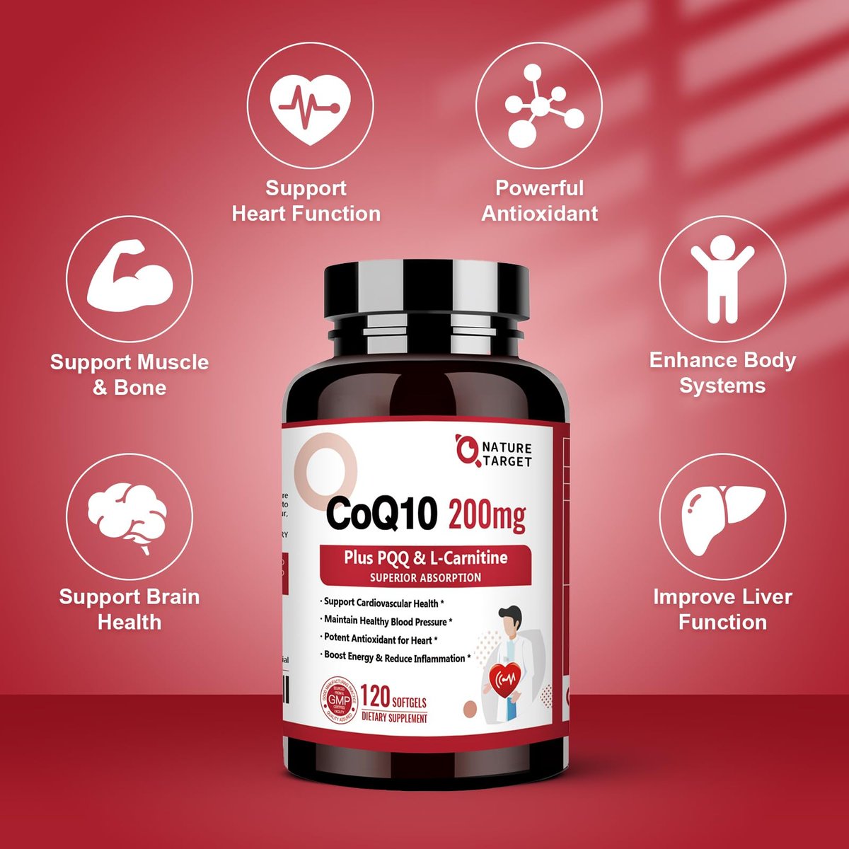 NATURE TARGET CoQ10 200 mg mit PQQ, L-Carnitin & Omega-3 – Hochdosiertes Coenzym Q10 mit BioPerin – Unterstützt Herz, Immunsystem & Zellenergie – 120 Kapseln