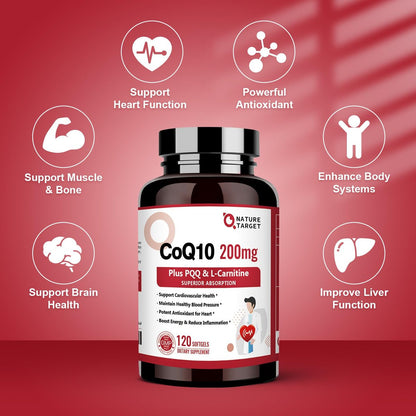 NATURE TARGET CoQ10 200 mg mit PQQ, L-Carnitin & Omega-3 – Hochdosiertes Coenzym Q10 mit BioPerin – Unterstützt Herz, Immunsystem & Zellenergie – 120 Kapseln