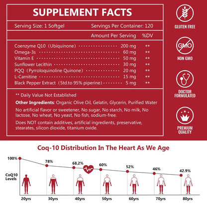 NATURE TARGET CoQ10 200 mg mit PQQ, L-Carnitin & Omega-3 – Hochdosiertes Coenzym Q10 mit BioPerin – Unterstützt Herz, Immunsystem & Zellenergie – 120 Kapseln