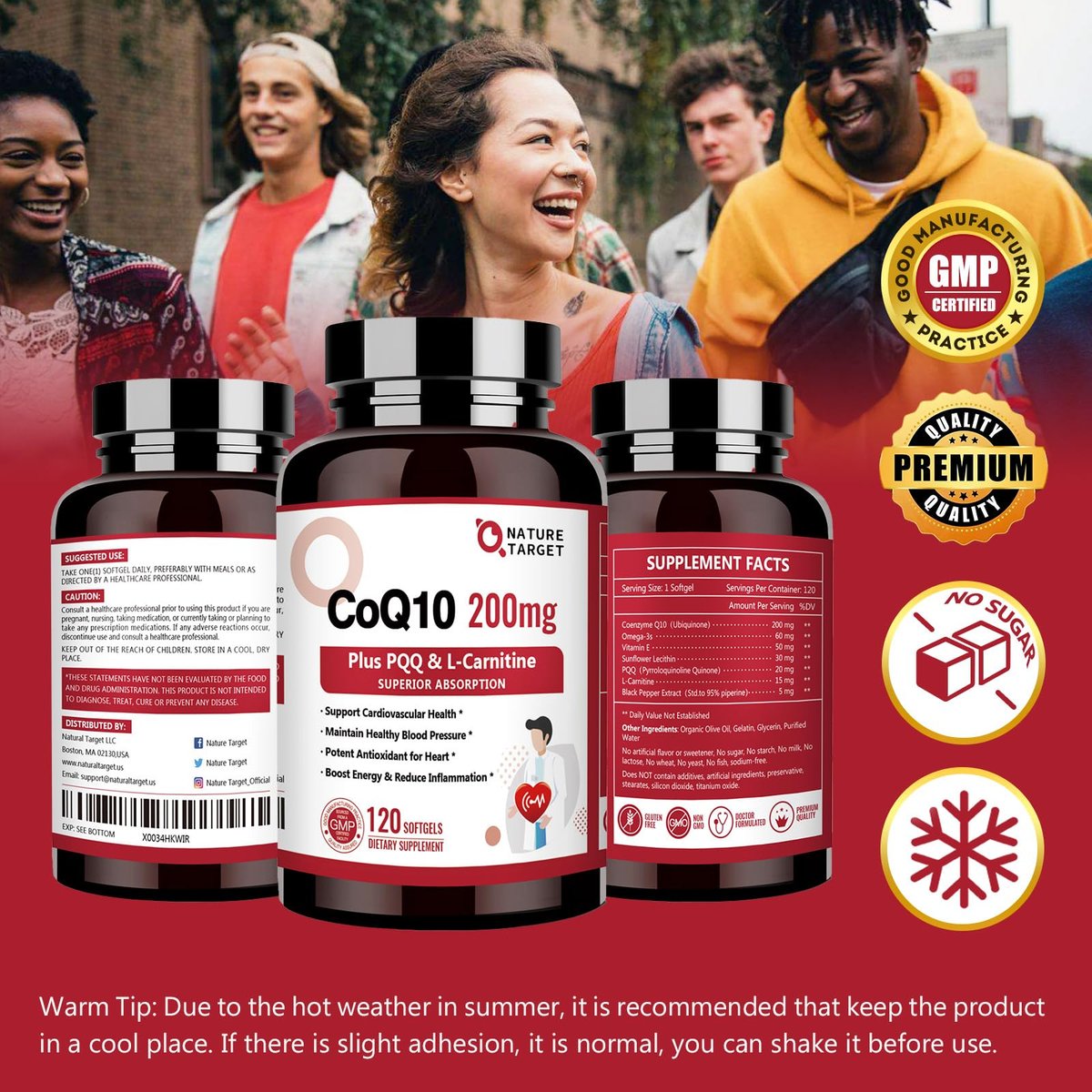 NATURE TARGET CoQ10 200 mg mit PQQ, L-Carnitin & Omega-3 – Hochdosiertes Coenzym Q10 mit BioPerin – Unterstützt Herz, Immunsystem & Zellenergie – 120 Kapseln