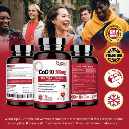 NATURE TARGET CoQ10 200 mg mit PQQ, L-Carnitin & Omega-3 – Hochdosiertes Coenzym Q10 mit BioPerin – Unterstützt Herz, Immunsystem & Zellenergie – 120 Kapseln