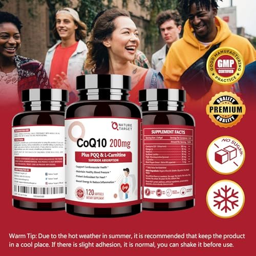 NATURE TARGET CoQ10 200 mg mit PQQ, L-Carnitin & Omega-3 – Hochdosiertes Coenzym Q10 mit BioPerin – Unterstützt Herz, Immunsystem & Zellenergie – 120 Kapseln