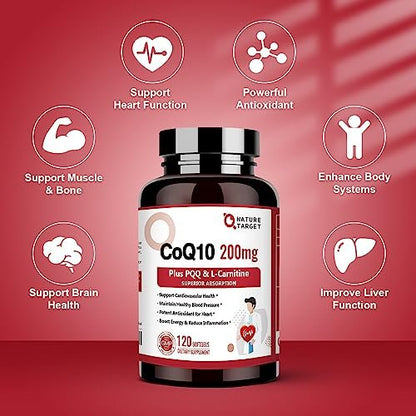 NATURE TARGET CoQ10 200 mg mit PQQ, L-Carnitin & Omega-3 – Hochdosiertes Coenzym Q10 mit BioPerin – Unterstützt Herz, Immunsystem & Zellenergie – 120 Kapseln