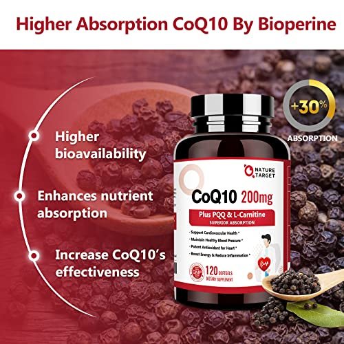 NATURE TARGET CoQ10 200 mg mit PQQ, L-Carnitin & Omega-3 – Hochdosiertes Coenzym Q10 mit BioPerin – Unterstützt Herz, Immunsystem & Zellenergie – 120 Kapseln