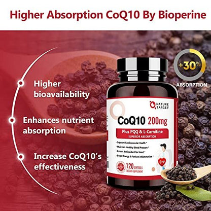 NATURE TARGET CoQ10 200 mg mit PQQ, L-Carnitin & Omega-3 – Hochdosiertes Coenzym Q10 mit BioPerin – Unterstützt Herz, Immunsystem & Zellenergie – 120 Kapseln