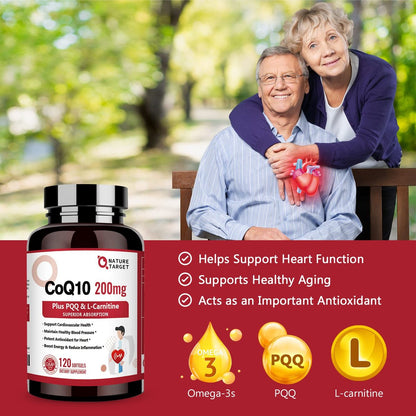 NATURE TARGET CoQ10 200 mg mit PQQ, L-Carnitin & Omega-3 – Hochdosiertes Coenzym Q10 mit BioPerin – Unterstützt Herz, Immunsystem & Zellenergie – 120 Kapseln
