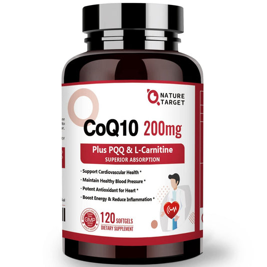 NATURE TARGET CoQ10 200 mg mit PQQ, L-Carnitin & Omega-3 – Hochdosiertes Coenzym Q10 mit BioPerin – Unterstützt Herz, Immunsystem & Zellenergie – 120 Kapseln