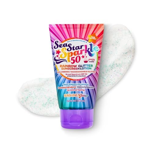 Seastar Sparkle - Regenbogen Partykuchen Duftender Glitzer-Sonnenschutz - SPF 50 - Biologisch abbaubar, wasserfest, tierversuchsfrei, hergestellt in USA, 100 ml