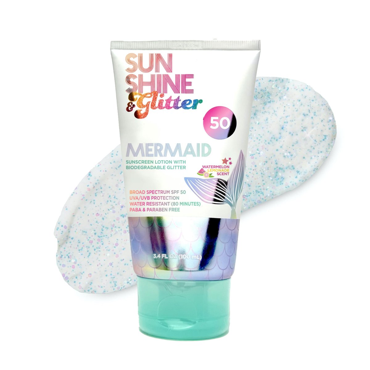 SUNSHINE & GLITTER Seastar Sparkle Sonnencreme Lotion SPF 50 – Mermaid Watermelon Lemonade Duft, biologisch abbaubares Glitzer, wasserbeständig, tierversuchsfrei, kindersicher, hergestellt in USA, 100 ml