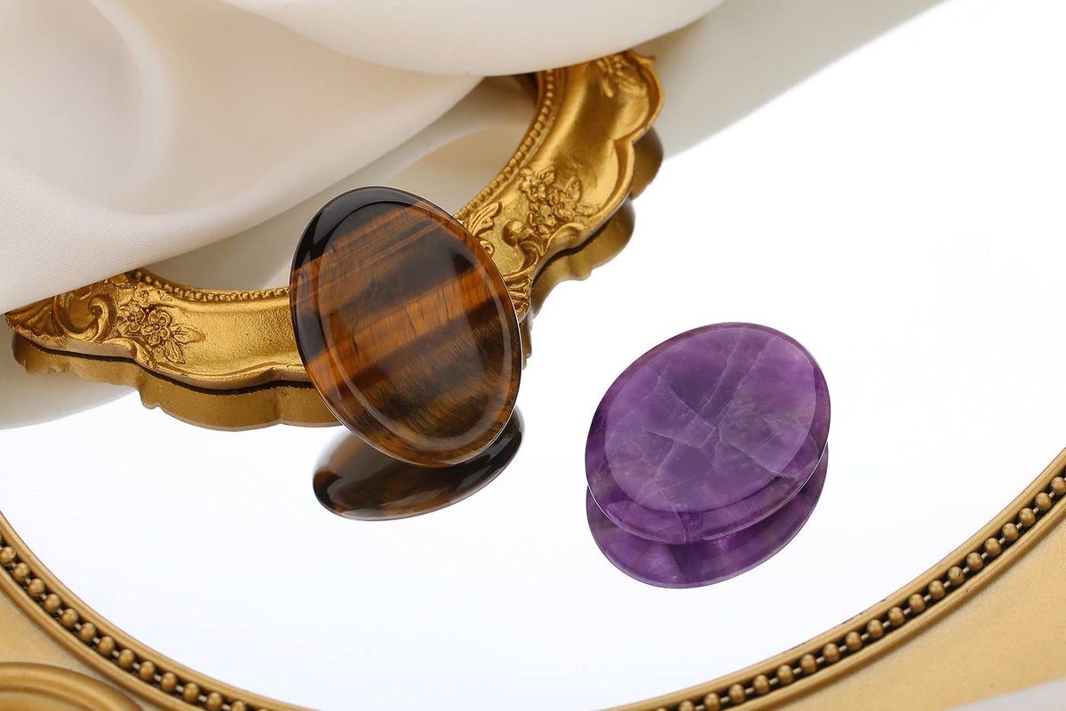 2er-Pack Sorgenstein gegen Angst – Tigerauge & Amethyst Heilsteine für Handfläche, Taschenkiesel, Meditation, oval