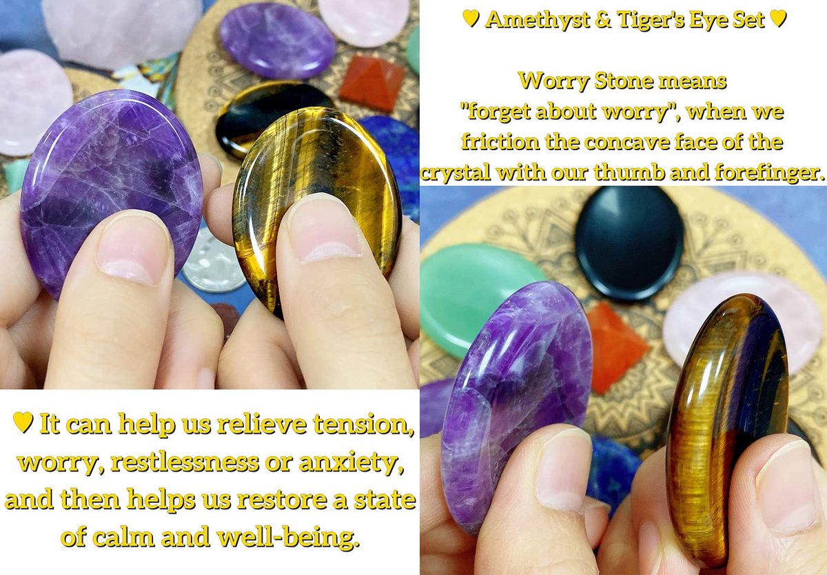 2er-Pack Sorgenstein gegen Angst – Tigerauge & Amethyst Heilsteine für Handfläche, Taschenkiesel, Meditation, oval