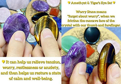 2er-Pack Sorgenstein gegen Angst – Tigerauge & Amethyst Heilsteine für Handfläche, Taschenkiesel, Meditation, oval