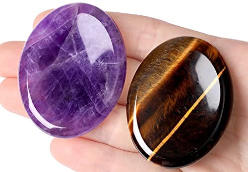 2er-Pack Sorgenstein gegen Angst – Tigerauge & Amethyst Heilsteine für Handfläche, Taschenkiesel, Meditation, oval