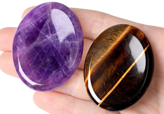 2er-Pack Sorgenstein gegen Angst – Tigerauge & Amethyst Heilsteine für Handfläche, Taschenkiesel, Meditation, oval