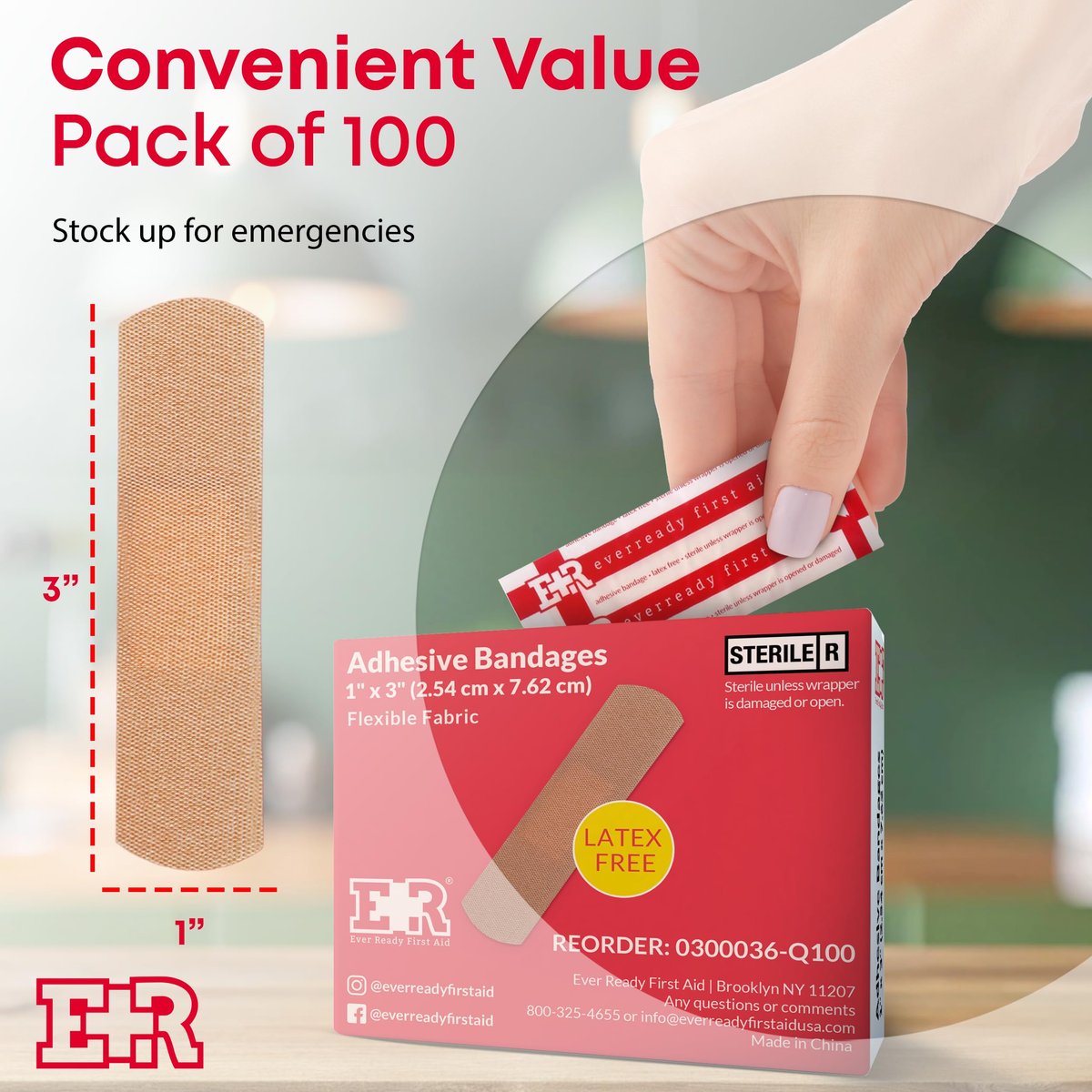 Ever Ready First Aid 1 x 3 Zoll Stoffpflaster, latexfrei, dehnbar – 100 Stück