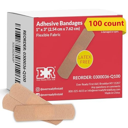 Ever Ready First Aid 1 x 3 Zoll Stoffpflaster, latexfrei, dehnbar – 100 Stück