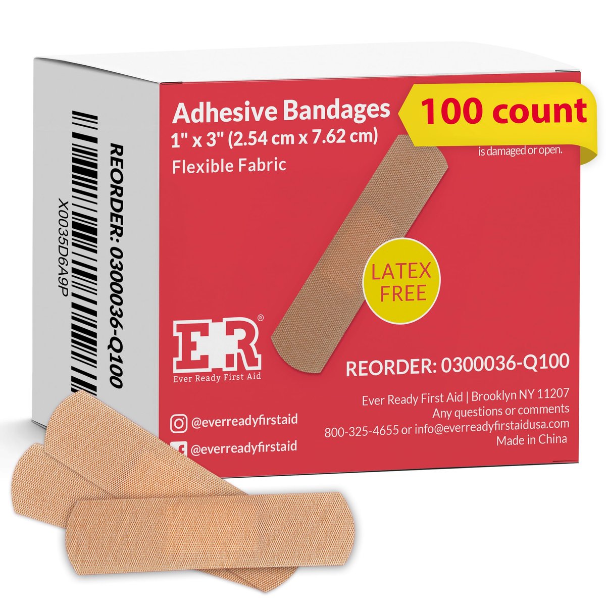 Ever Ready First Aid 1 x 3 Zoll Stoffpflaster, latexfrei, dehnbar – 100 Stück