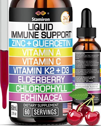 Zink Quercetin Vitamin C D3 Flüssig Immununterstützung mit Vitamin A K2 Echinacea Chlorophyll und Holunder - 9in1 Immunabwehr Tropfen Komplex für Immunität Gesundheit Atemwegsgesundheit - 60 Portionen