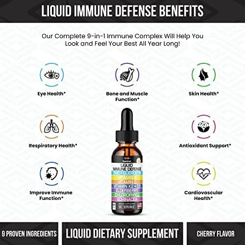 Zink Quercetin Vitamin C D3 Flüssig Immununterstützung mit Vitamin A K2 Echinacea Chlorophyll und Holunder - 9in1 Immunabwehr Tropfen Komplex für Immunität Gesundheit Atemwegsgesundheit - 60 Portionen