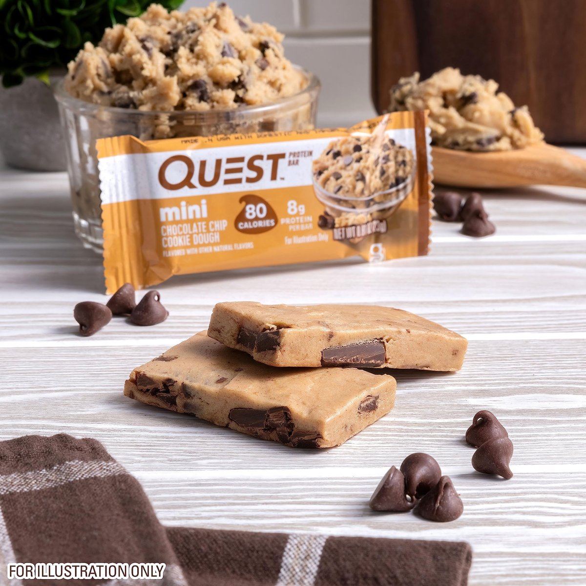 Quest Nutrition Mini Chocolate Chip Cookie Dough Proteinriegel – 8 g Protein, 1 g Zucker, 2 g Netto-Kohlenhydrate, glutenfrei, 14er-Pack
