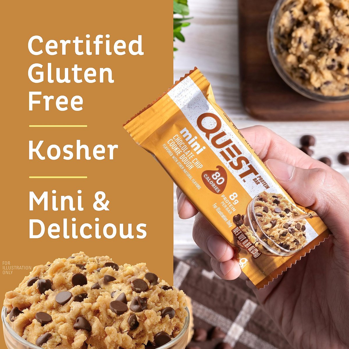 Quest Nutrition Mini Chocolate Chip Cookie Dough Proteinriegel – 8 g Protein, 1 g Zucker, 2 g Netto-Kohlenhydrate, glutenfrei, 14er-Pack