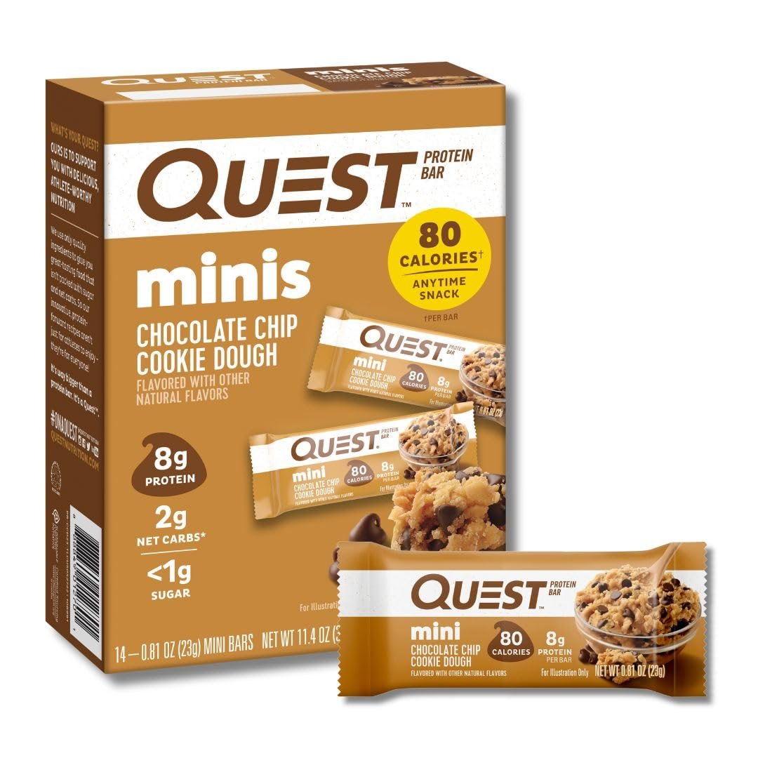 Quest Nutrition Mini Chocolate Chip Cookie Dough Proteinriegel – 8 g Protein, 1 g Zucker, 2 g Netto-Kohlenhydrate, glutenfrei, 14er-Pack