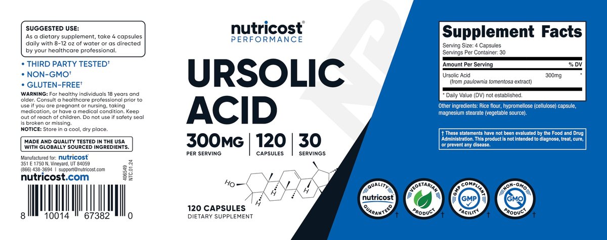 Nutricost Ursolsäure 300 mg, 120 Kapseln - Vegetarisch, Nicht GVO, Glutenfrei, Sojafrei