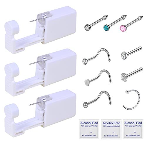HYJLPAF Nasenpiercing-Set - 3er-Pack Selbst-Nasenpiercing-Pistole, Einweg-Nasenpiercing-Kit mit Nasenringen, Nasenpiercing-Werkzeug (Weiß+Pink+Blau)