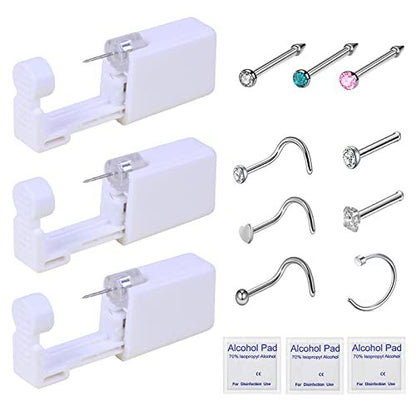 HYJLPAF Nasenpiercing-Set - 3er-Pack Selbst-Nasenpiercing-Pistole, Einweg-Nasenpiercing-Kit mit Nasenringen, Nasenpiercing-Werkzeug (Weiß+Pink+Blau)
