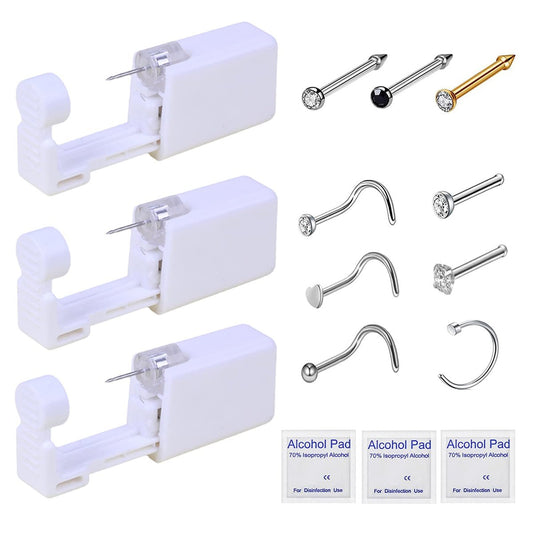 HYJLPAF Nasenpiercing-Set – 3-teiliges Selbstpiercing-Set mit Einweg-Pistole, Nasenringen und Steckern