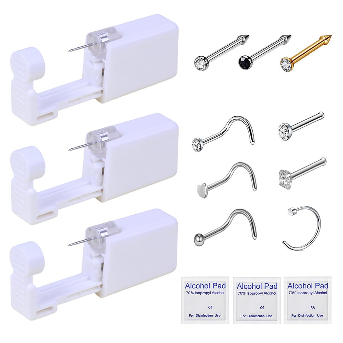 HYJLPAF Nasenpiercing-Set – 3-teiliges Selbstpiercing-Set mit Einweg-Pistole, Nasenringen und Steckern