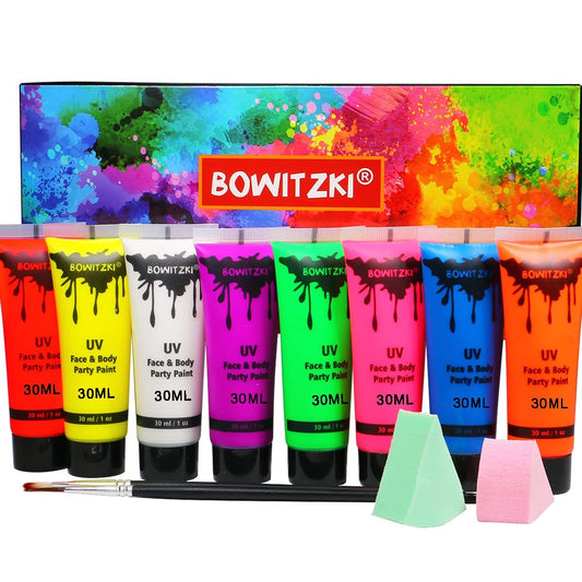 Bowitzki UV Neon Gesichts- und Körperfarbe 8 x 30 ml Flüssig-Kit – Schwarzlicht-Leuchtfarbe für Erwachsene, Musikfestivals, Partys, Halloween, Weihnachten