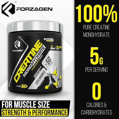 Forzagen Creatin Monohydrat Pulver – Geschmacksneutral, mikronisiertes Kreatin für Muskelaufbau für Männer & Frauen, 72 Portionen, 360 g