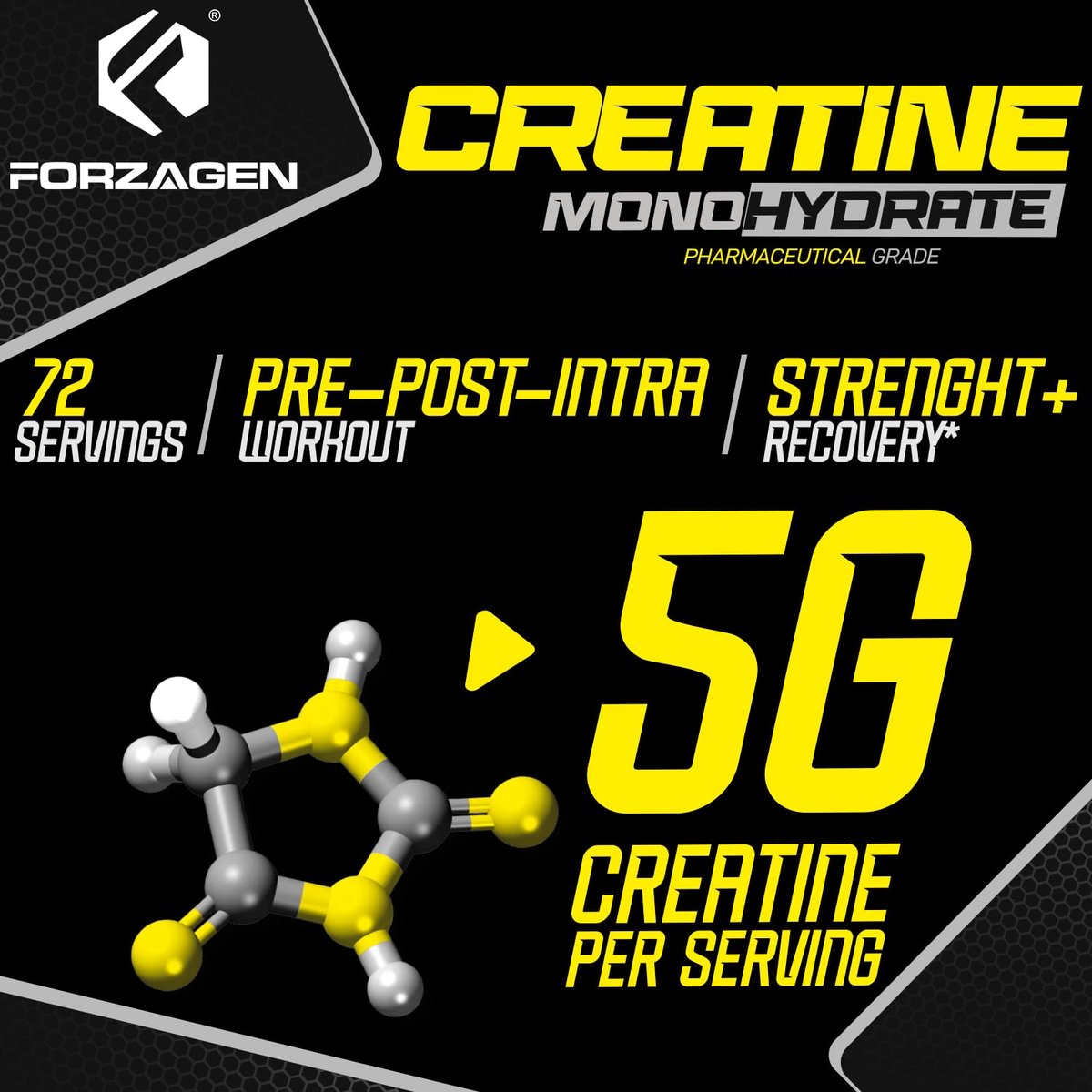 Forzagen Creatin Monohydrat Pulver – Geschmacksneutral, mikronisiertes Kreatin für Muskelaufbau für Männer & Frauen, 72 Portionen, 360 g