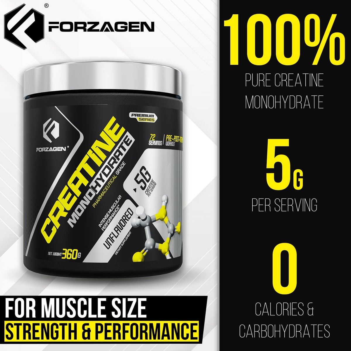 Forzagen Creatin Monohydrat Pulver – Geschmacksneutral, mikronisiertes Kreatin für Muskelaufbau für Männer & Frauen, 72 Portionen, 360 g