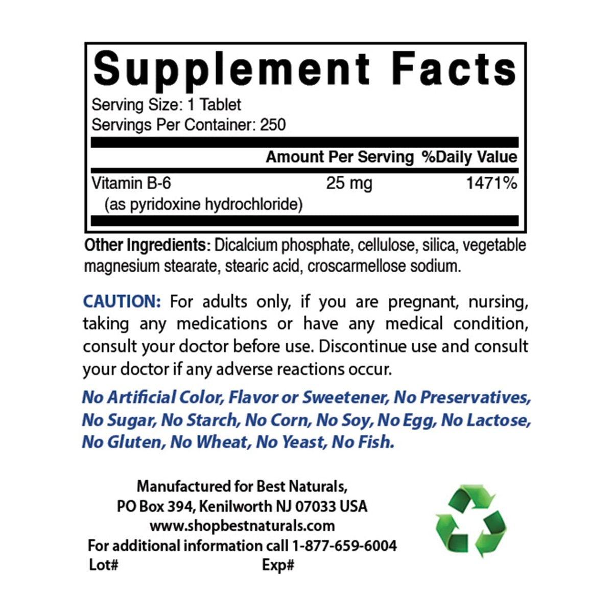 Best Naturals Vitamin B6 25 mg – 500 Tabletten (2er-Pack) – Hochdosiertes Pyridoxal-5-Phosphat