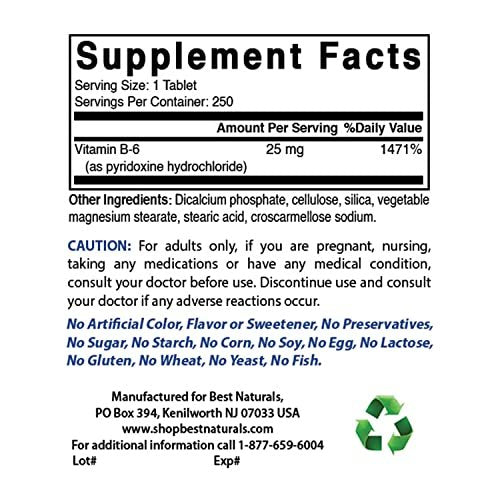 Best Naturals Vitamin B6 25 mg – 500 Tabletten (2er-Pack) – Hochdosiertes Pyridoxal-5-Phosphat