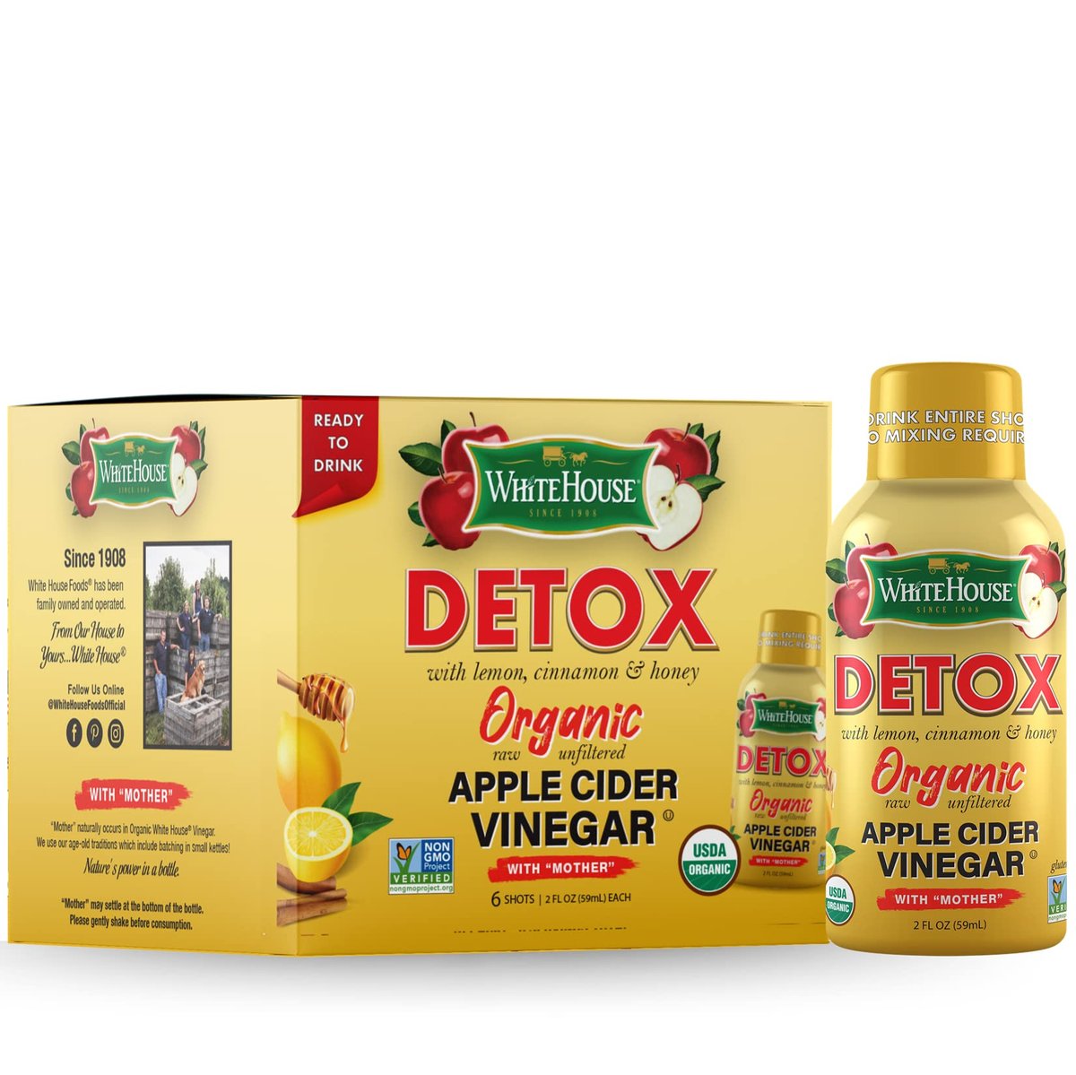 White House Detox Apfelessig Shots, roh und ungefiltert, für unterwegs (Detox, 6er-Pack)