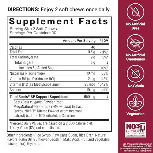 Force Factor Total Beets Blutdruck Unterstützung mit Rote-Bete-Pulver, leckere Kautabletten für herzgesunde Energie und erhöhtes Stickstoffmonoxid, 60 Kautabletten