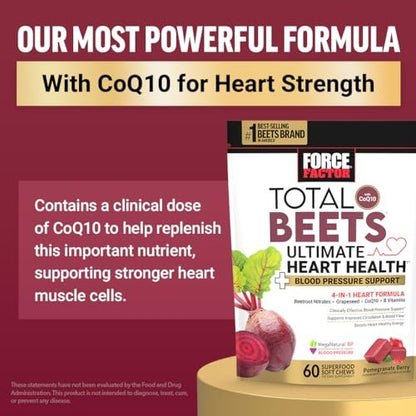 Force Factor Total Beets Blutdruck Unterstützung mit Rote-Bete-Pulver, leckere Kautabletten für herzgesunde Energie und erhöhtes Stickstoffmonoxid, 60 Kautabletten