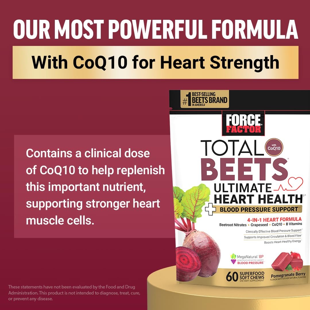 Force Factor Total Beets Blutdruck Unterstützung mit Rote-Bete-Pulver, leckere Kautabletten für herzgesunde Energie und erhöhtes Stickstoffmonoxid, 60 Kautabletten